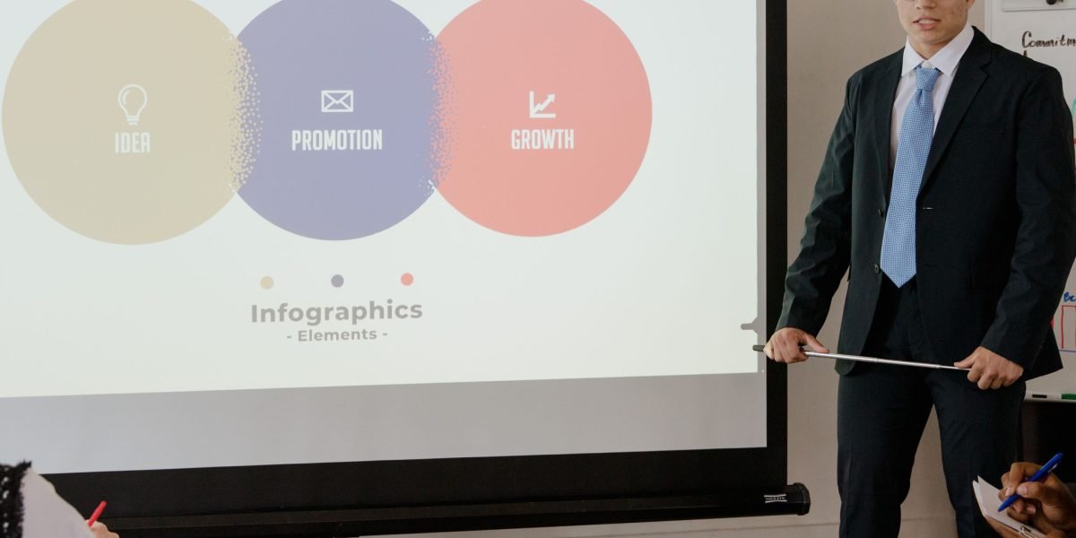 A startup founder confidently presenting their business idea to a group of potential investors.