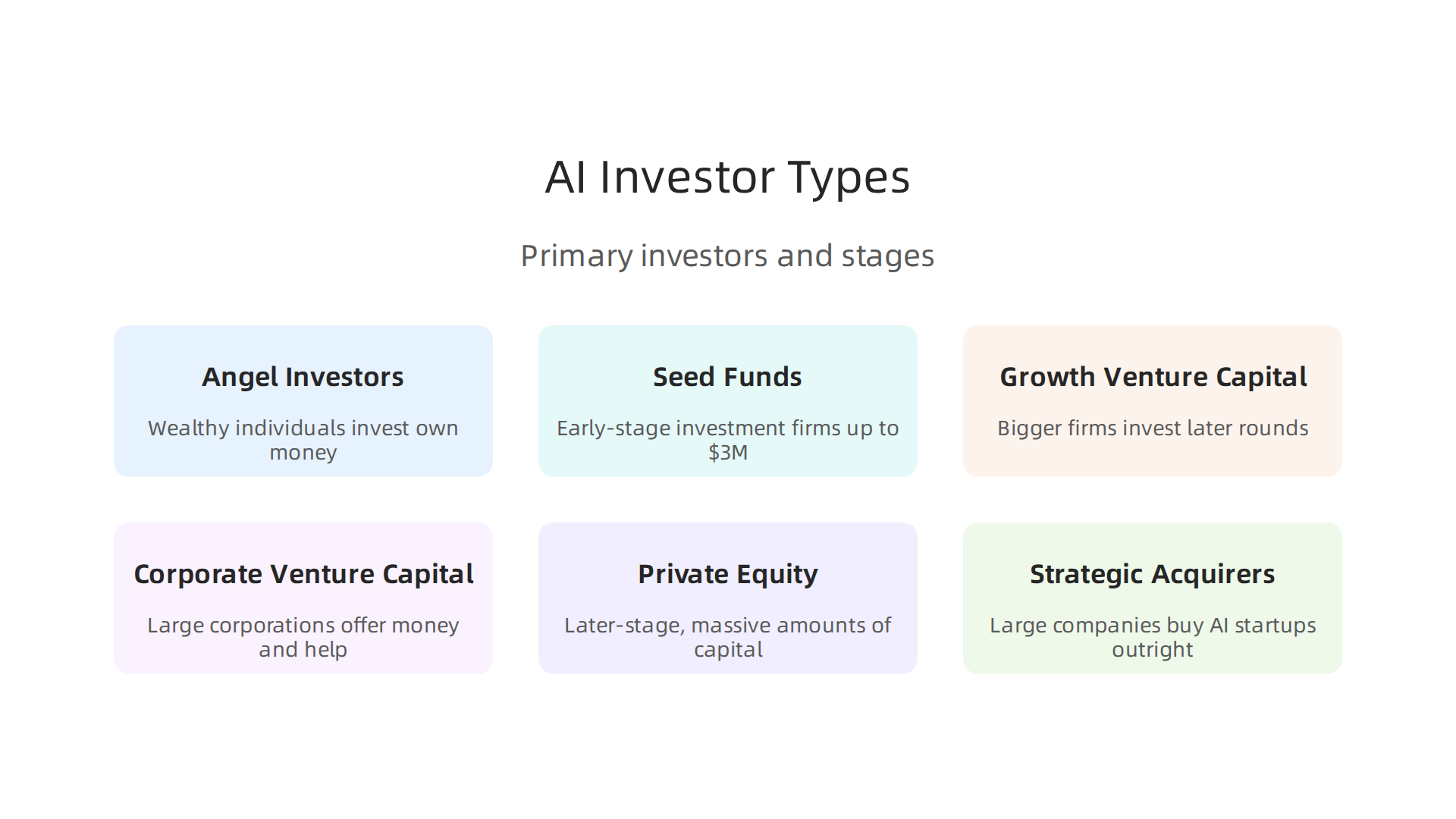 An infographic illustrating the six primary types of investors providing capital for AI companies.
