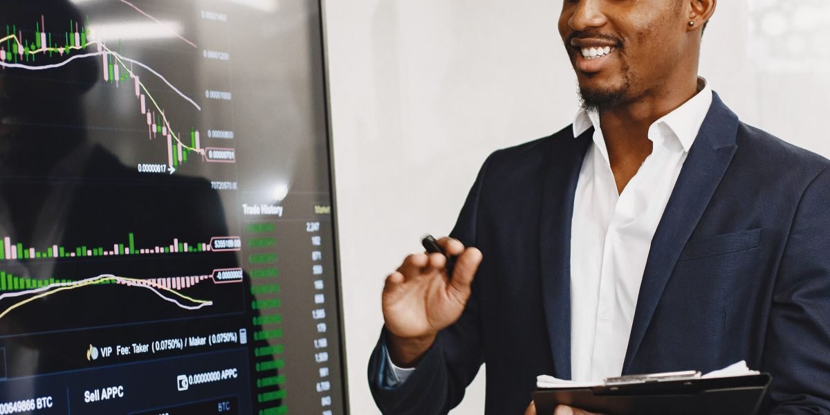 An entrepreneur confidently presenting their AI roadmap and funding plan to potential investors.