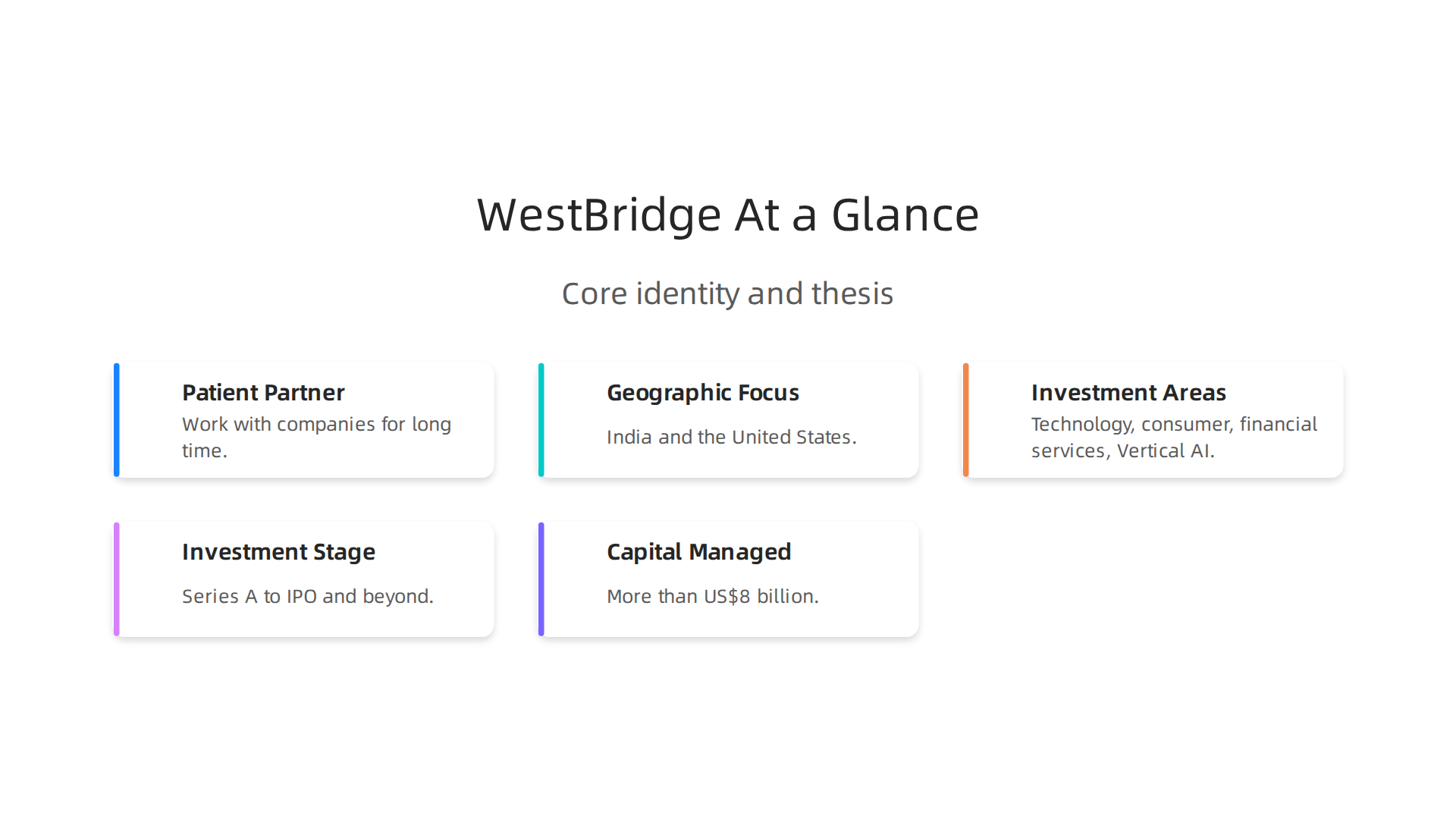 An overview of WestBridge Capital's key characteristics, including their investment philosophy, focus areas, and financial scale.