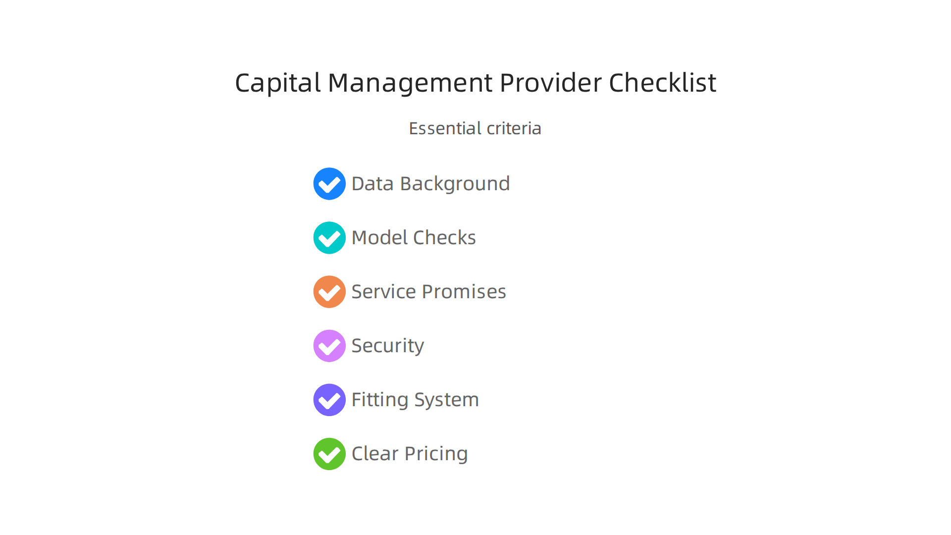 Essential criteria for evaluating and selecting capital management service providers.