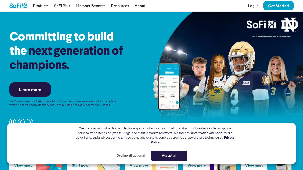 SoFi homepage, a common platform for investing and financial services.