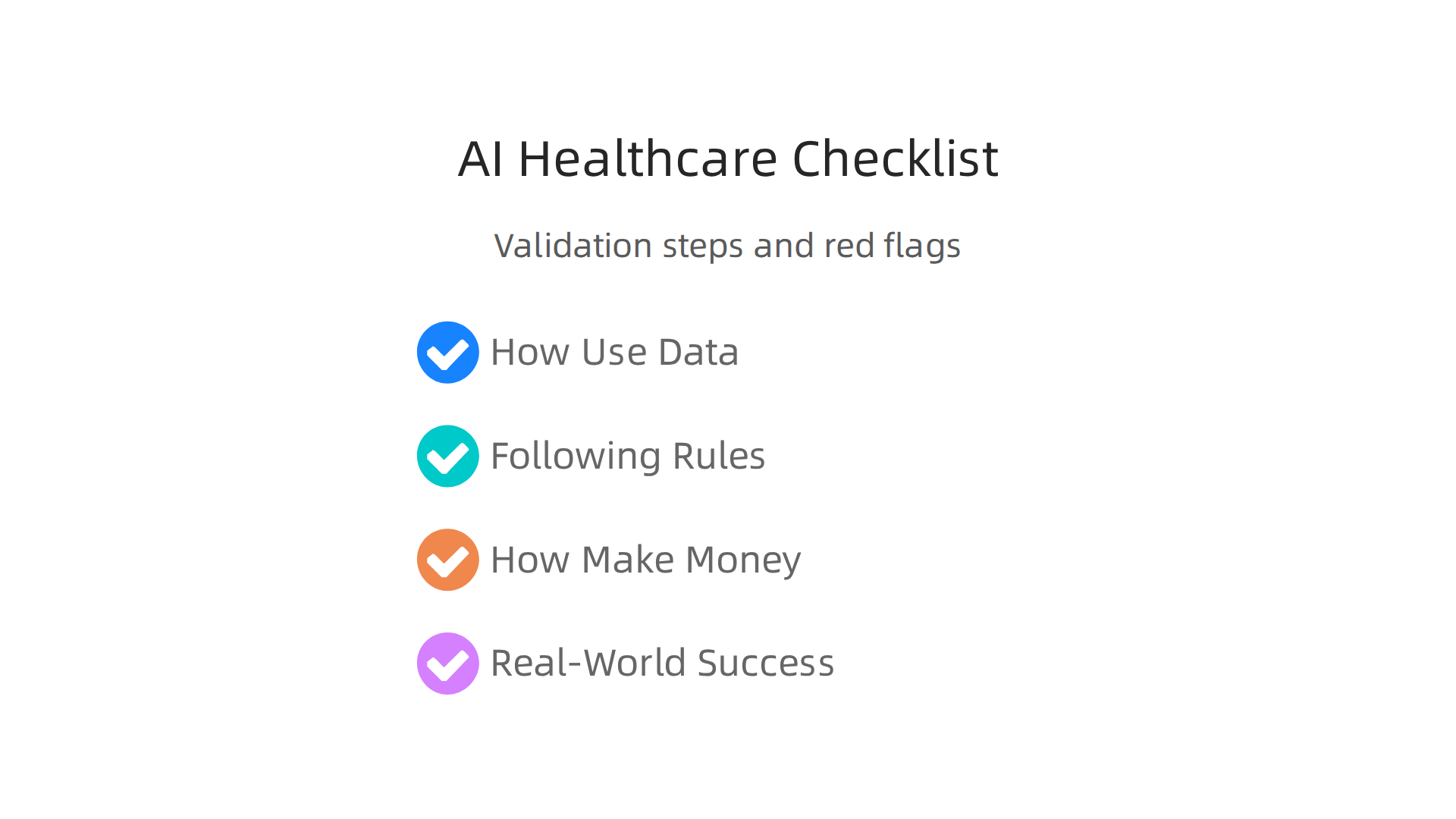 A checklist outlining essential validation steps to assess AI healthcare companies, focusing on data use, compliance, business model, and proven success.